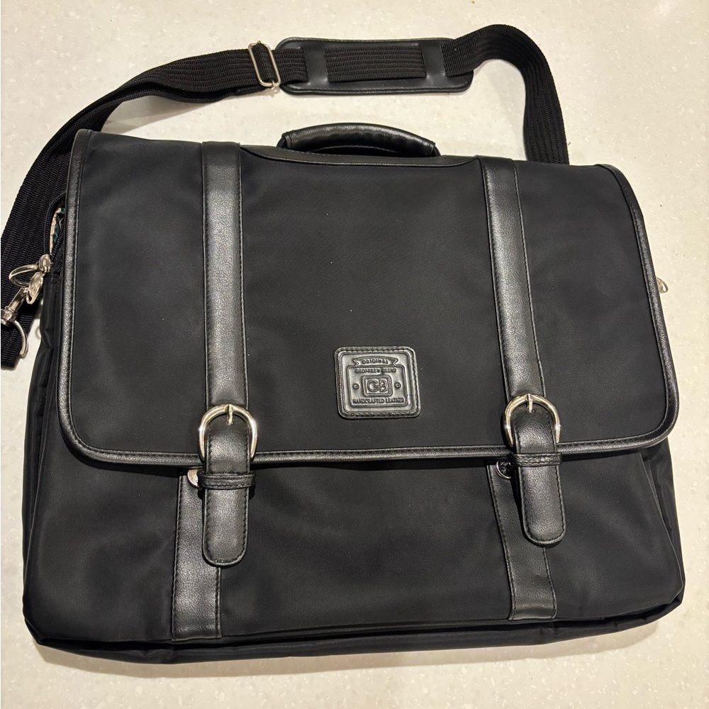 Men’s Geoffrey Beene black nylon satchel messenger bag carry leather trim 17x14